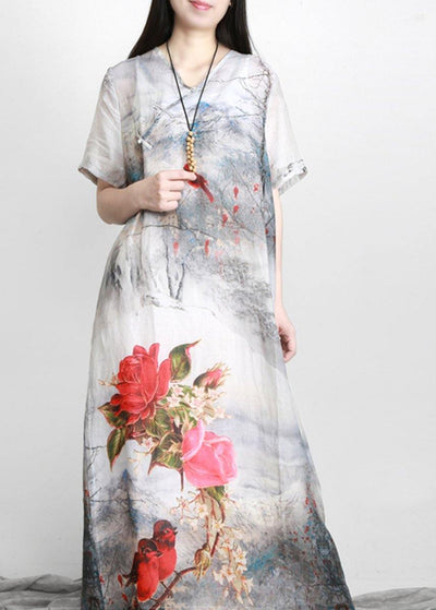 French White Print Linen Chinese Button Vacation Dresses - SooLinen