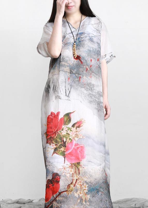 French White Print Linen Chinese Button Vacation Dresses - SooLinen