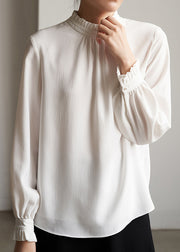 French White Ruffled Patchwork Chiffon Top Long Sleeve