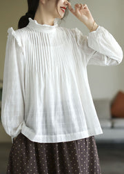 French White Ruffled Patchwork Cotton Shirt Top Long Sleeve