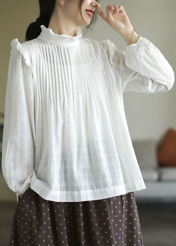 French White Ruffled Patchwork Cotton Shirt Top Long Sleeve