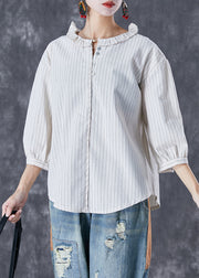 French White Ruffled Striped Cotton Shirt Top Bracelet Sleeve