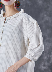 French White Ruffled Striped Cotton Shirt Top Bracelet Sleeve