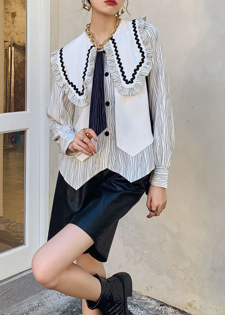 French White Ruffled Striped Patchwork Cotton Shirts Springs