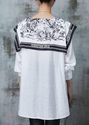French White Sailor Collar Print Linen Blouses Spring
