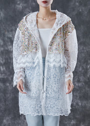 French White Sequins Hollow Out Lace Jackets Spring