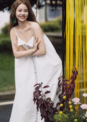 French White Slash Neck High Waist Cami Dresses Summer