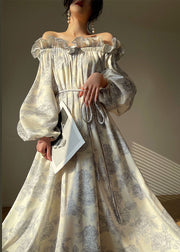 French White Slash Neck Ruffles Lantern Sleeve Print Silk Maxi Dress