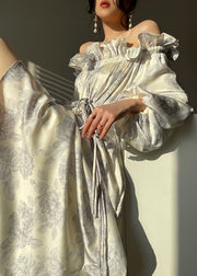 French White Slash Neck Ruffles Lantern Sleeve Print Silk Maxi Dress