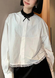 French White Solid Lace Patchwork Cotton Blouse Long Sleeve