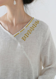 French White V Neck Embroidered Linen Shirt Tops Three Quarter sleeve