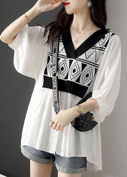 French White V Neck Knit Patchwork Cotton Fake Two Piece Shirt Top Half Sleeve