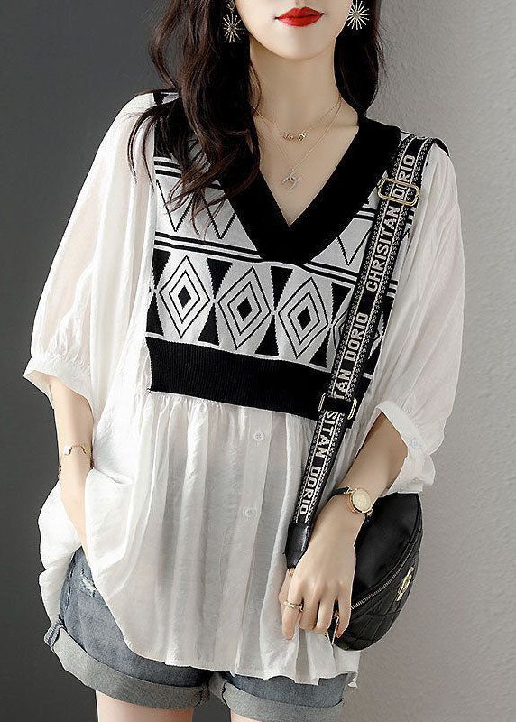 French White V Neck Knit Patchwork Cotton Fake Two Piece Shirt Top Half Sleeve
