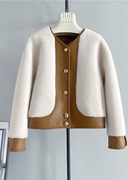 French White V Neck Patchwork Leather And Fur Jackets Winter