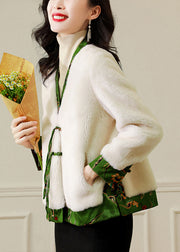 French White V Neck Tasseled Patchwork Wool Coat Winter