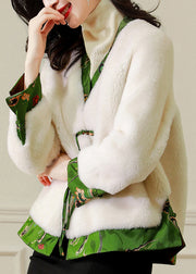 French White V Neck Tasseled Patchwork Wool Coat Winter