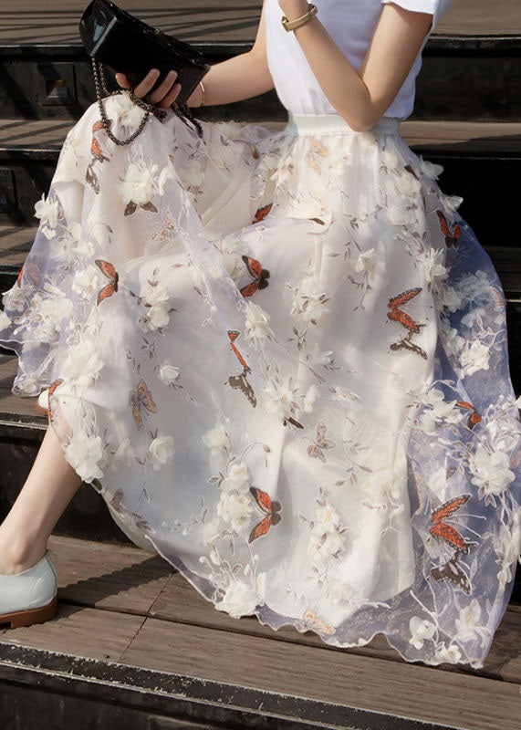French White Wrinkled Patchwork Print Tulle Skirts Spring