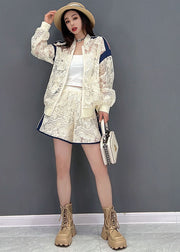 French White Zippered Patchwork Lace UPF 50+ Coat Jacket And Shorts Two-Piece Set Summer