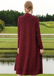 French Wine Red V Neck Cozy Wool Knit Sweaters Cardigans Long Sleeve