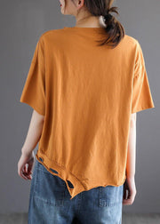 French Yellow Asymmetrical Design Hole Summer Patchwork Cotton Half Sleeve - SooLinen