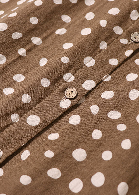French Yellow Brown Button Dot Print Cotton Dress Spring
