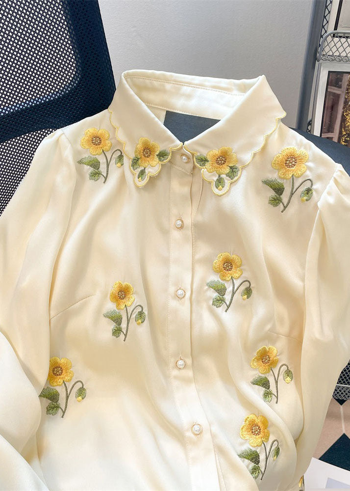French Yellow Floral Embroidered Patchwork Silk Shirt Tops Spring