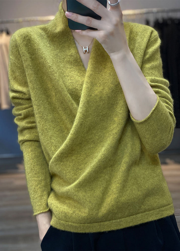French Yellow Green V Neck Cozy Woolen Sweater Tops Spring