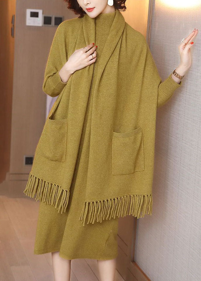 French Yellow High Neck Tassel Solid Color Knit Two-Piece Set Winter