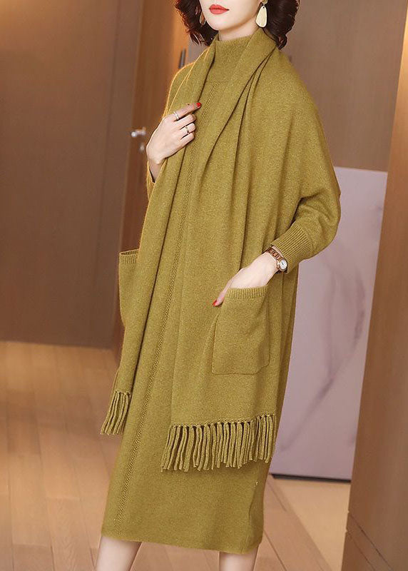 French Yellow High Neck Tassel Solid Color Knit Two-Piece Set Winter