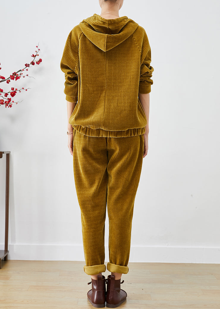 French Yellow Hooded Oversized Corduroy Two Pieces Set Fall