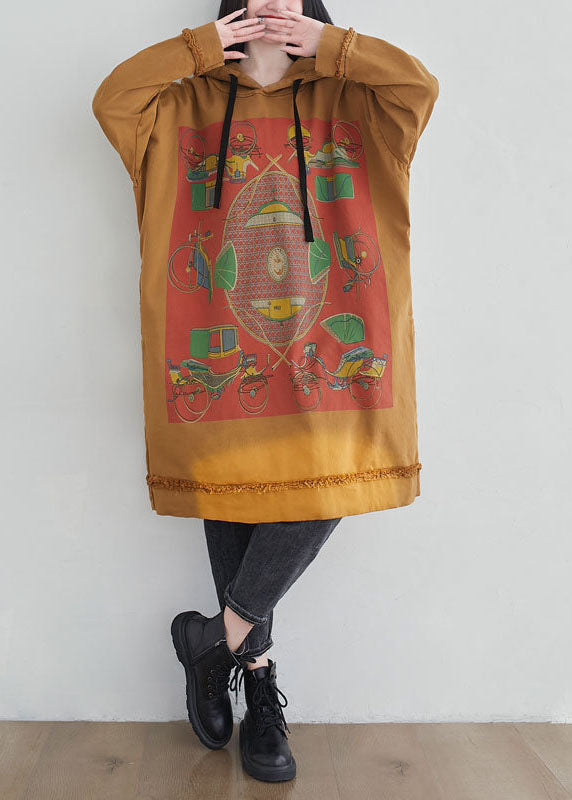 French Yellow Hooded Print Cotton Loose Sweatshirts Dress Spring