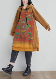 French Yellow Hooded Print Cotton Loose Sweatshirts Dress Spring