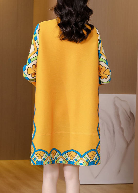 French Yellow Mandarin Collar Button Print Silk Cheongsam Dress Long Sleeve