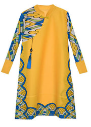 French Yellow Mandarin Collar Button Print Silk Cheongsam Dress Long Sleeve