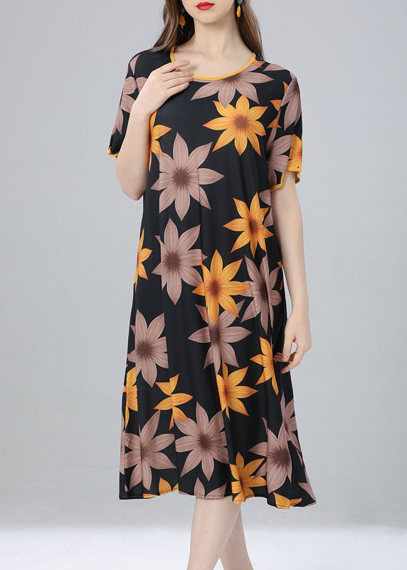 French Yellow O Neck Floral Patchwork Cotton Dress Summer
