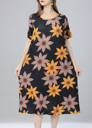 French Yellow O Neck Floral Patchwork Cotton Dress Summer