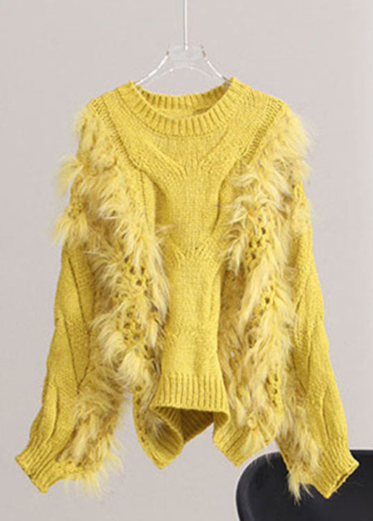 French Yellow O-Neck Hole Patchwork Knit Pullover Spring
