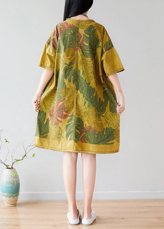 French Yellow O-Neck Oversized Print Cotton Vacation Dresses Short Sleeve