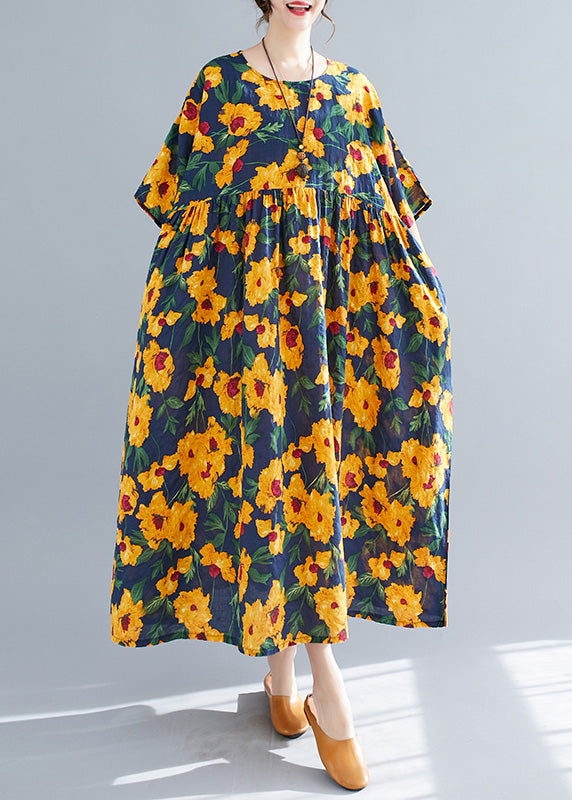 French Yellow O-Neck Print Cotton Long Dresses Short Sleeve