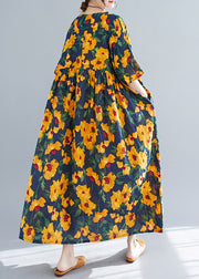 French Yellow O-Neck Print Cotton Long Dresses Short Sleeve