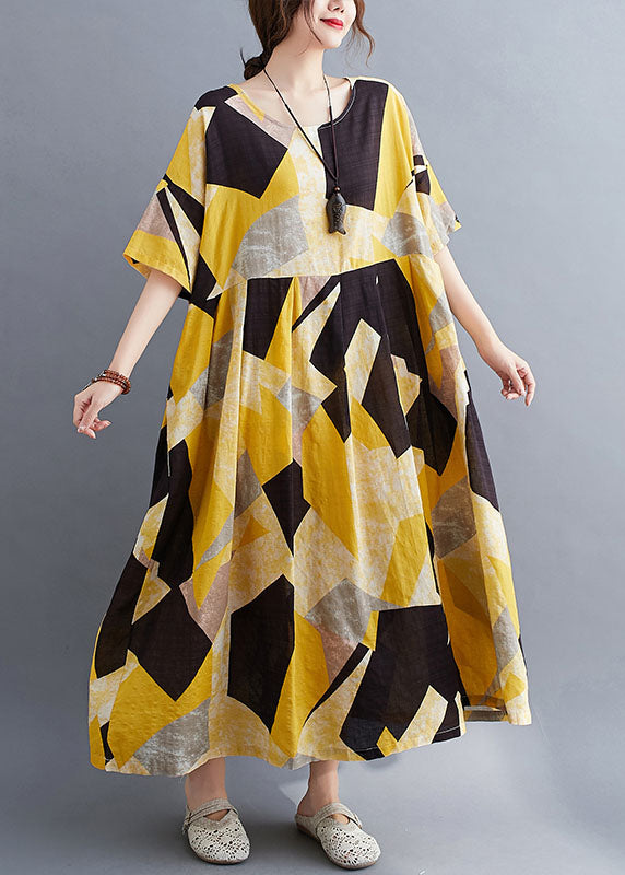 French Yellow O-Neck Print Exra Large Hem Cotton Cinch Long Dress Short Sleeve
