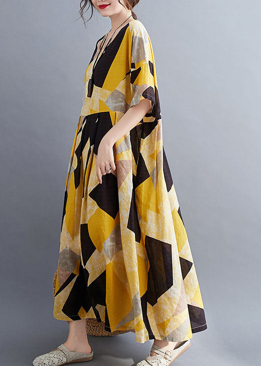 French Yellow O-Neck Print Extra großer Saum Baumwolle Cinch langes Kleid mit kurzen Ärmeln