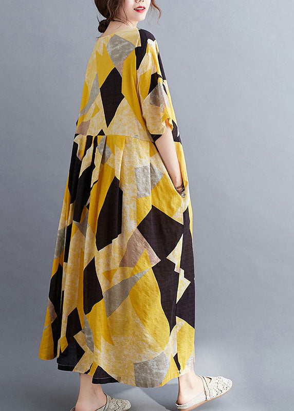 French Yellow O-Neck Print Exra Large Hem Cotton Cinch Long Dress Short Sleeve