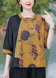 French Yellow O Neck Print Patchwork Silk Top Summer