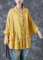 French Yellow Oversized Patchwork Linen Shirts Batwing Sleeve