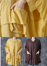 French Yellow Oversized Patchwork Linen Shirts Batwing Sleeve