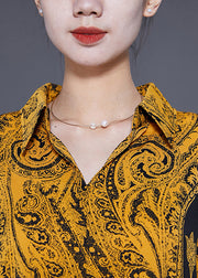 French Yellow Oversized Print Side Open Chiffon Shirt Lantern Sleeve