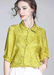 French Yellow Peter Pan Collar Patchwork Oriental Button Silk Shirt Spring
