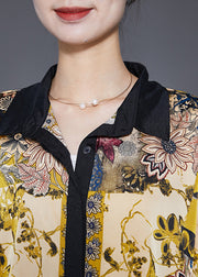 French Yellow Peter Pan Collar Patchwork Print Chiffon Shirt Tops Bracelet Sleeve