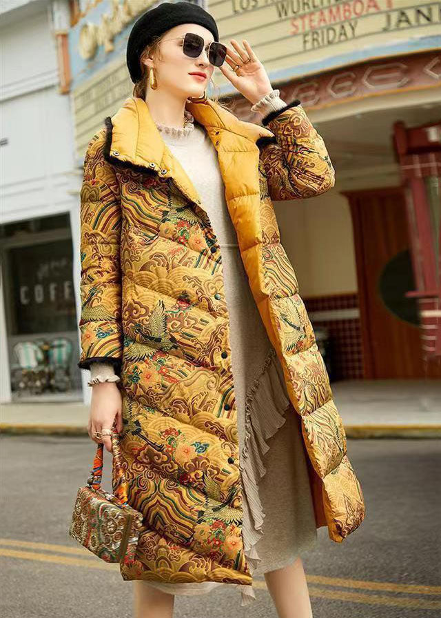 French Yellow Peter Pan Collar Pockets Patchwork Fine Cotton Filled Coat Winter